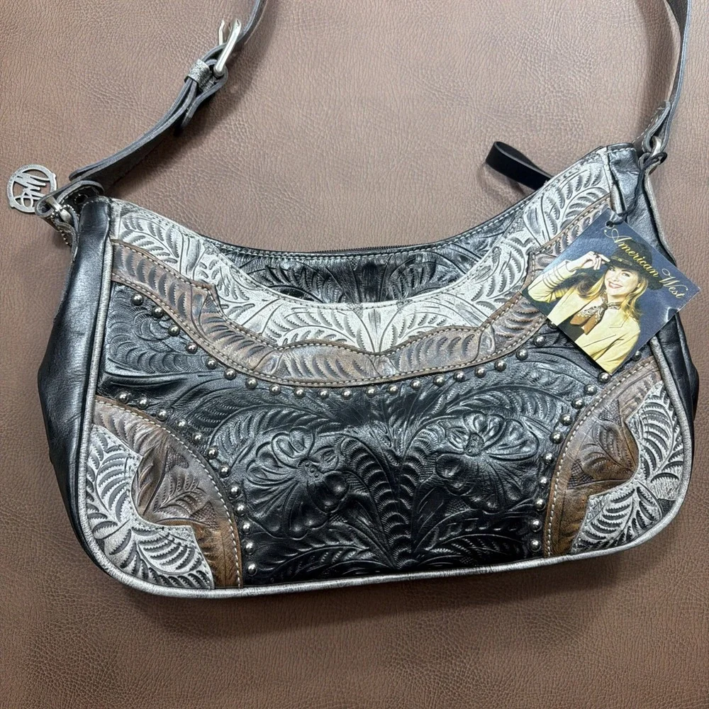 AMERICAN WEST Western Shoulder Bag Leather Purse Studded Country Cowgirl VTG New